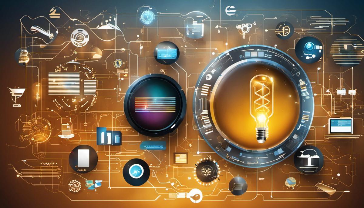 An image featuring various technological innovations and icons representing IT innovation, showcasing the impact and importance of IT in today's digital society.