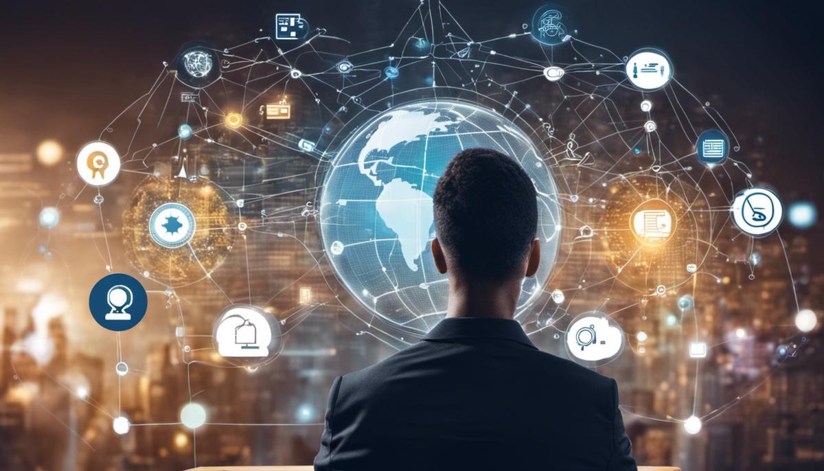 An image showing a person analyzing data and a network with cybersecurity icons, representing the various IT skills discussed in the text.