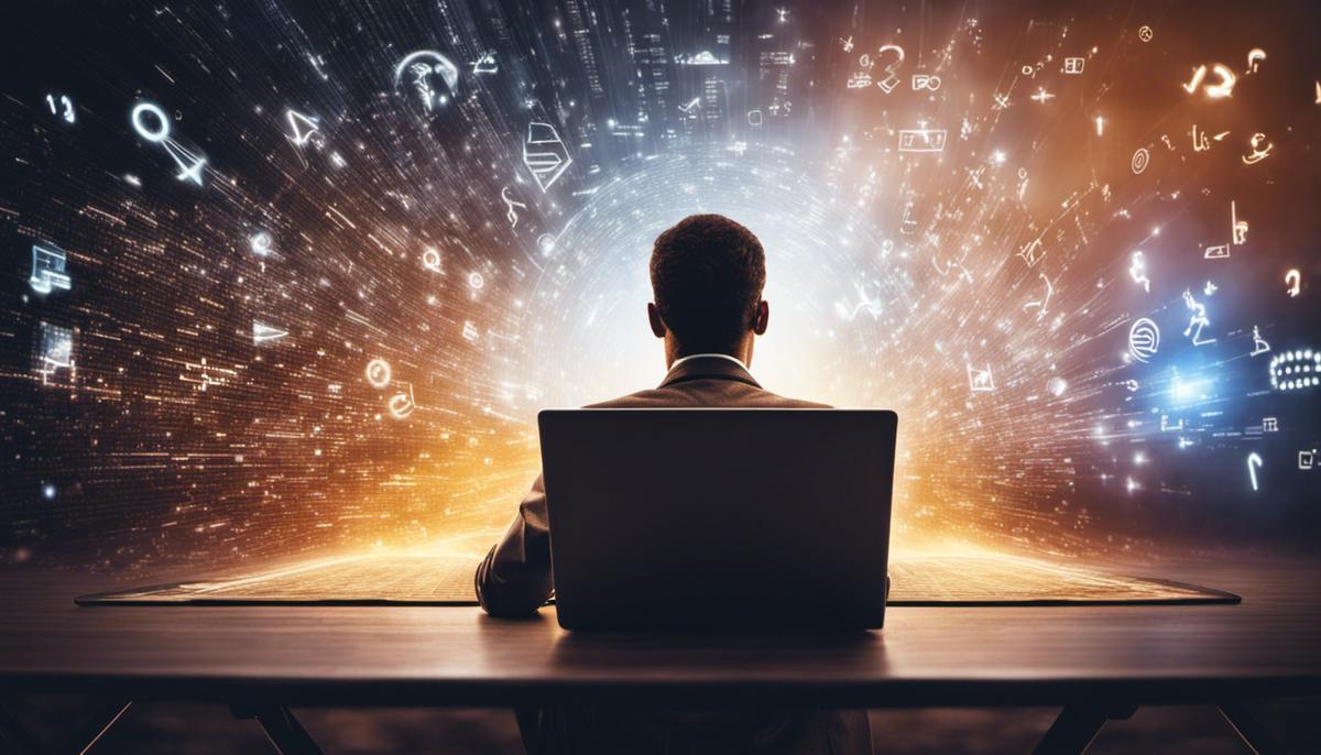 A picture of a person looking at a laptop screen with coding symbols floating around, representing the changing IT landscape and the need to upskill.